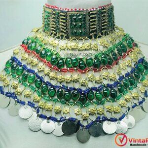 Green Crystal Afghan Choker Necklace, Antique Coins, Kuchi Style